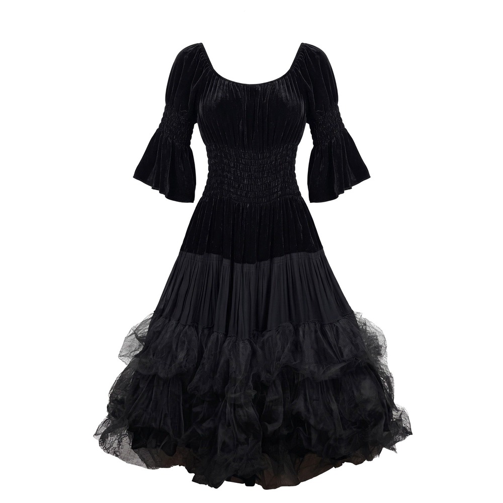 RARE! Marrika Nakk Black Velvet Tulle Maxi Dress Boho Western Gothic Bell Sleeve